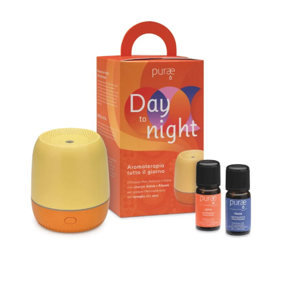 Purae Kit Day To Night Diffusore A Ultrasuoni Mini Colore Giallo E Arancione + Sinergia Attiva + Sinergia Rilassa