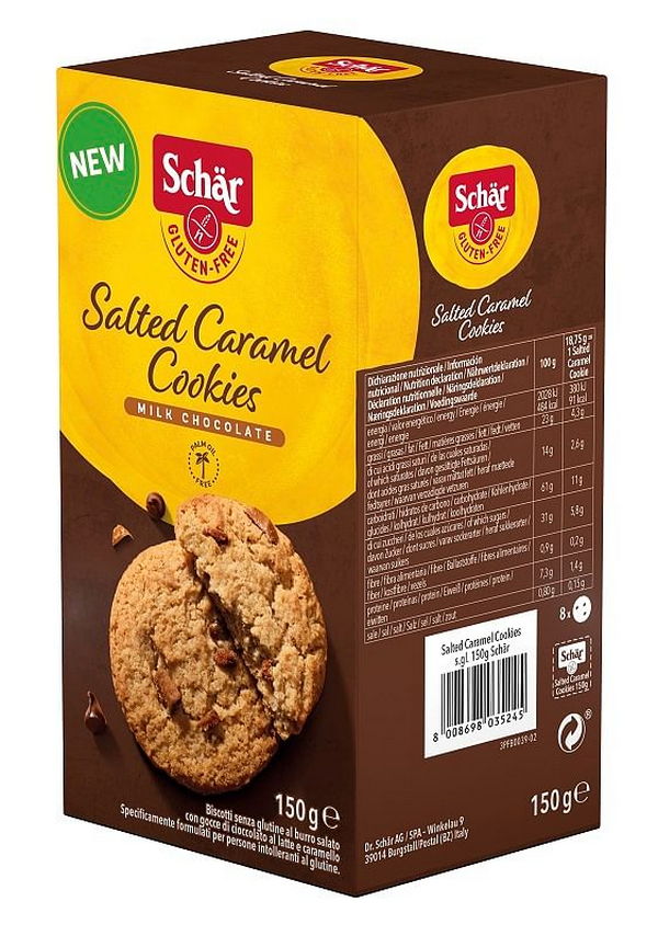 Schar Salted Caramel Cookies Con Gocce Di Cioccolato Al Latte E Caramello 150 G