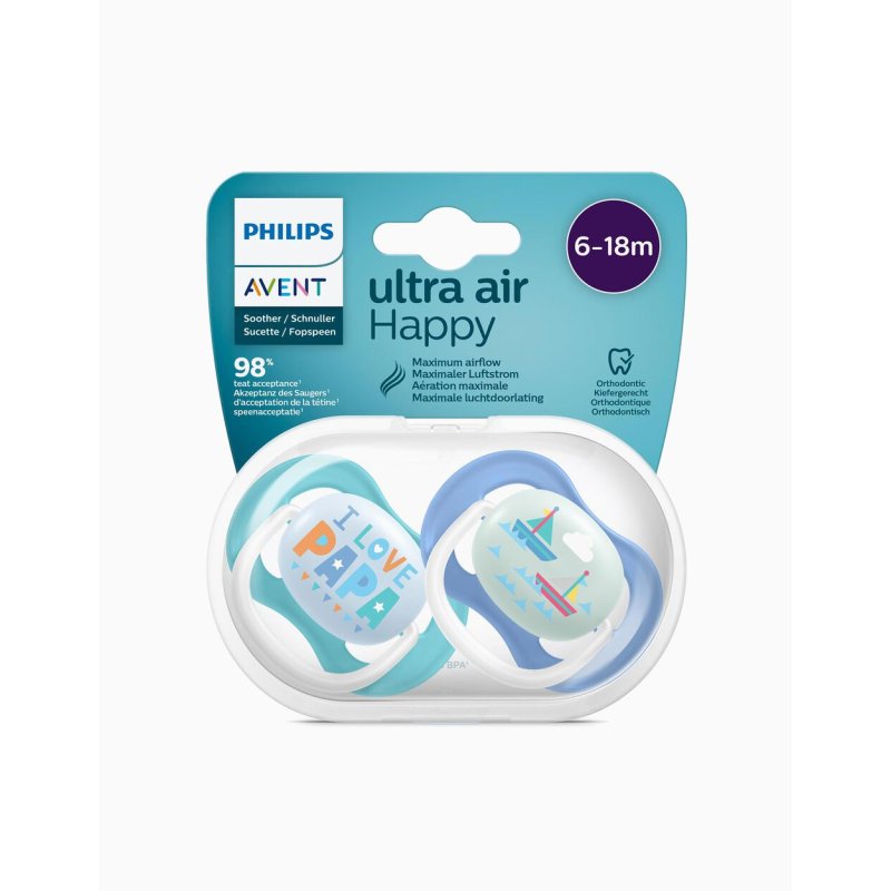 Ultra Air Happy Philips Avent 6-18M 2 Succhietti Fantasia Azzurro