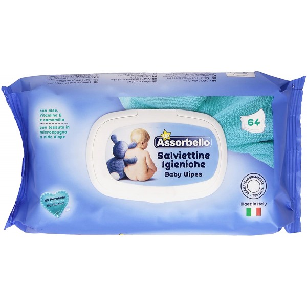 ASSORBELLO BABY SALVIETTINE IGIENICHE 64PZ.ALOE, VITAMINA E, CAMOMILLA