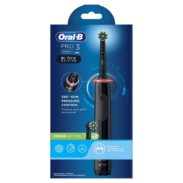 Oral-B Spazzolino Elettrico Ricaricabile Nero Pro3 3000, 1 Custodia Da Viaggio, 2 Testine Di Ricambio